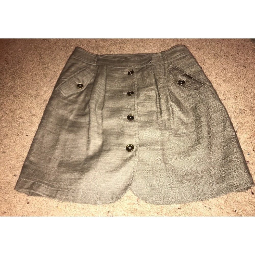 Anne Klein Women's Button Front Skirt Cotton Linen Brown Beige Sz‎ 6 Pockets